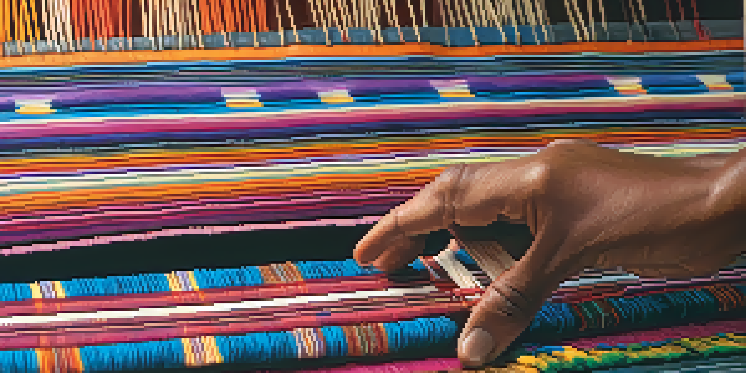Close-up view of a woman weaving a colorful Peruvian textile on a backstrap loom, with intricate patterns and textured wool.
