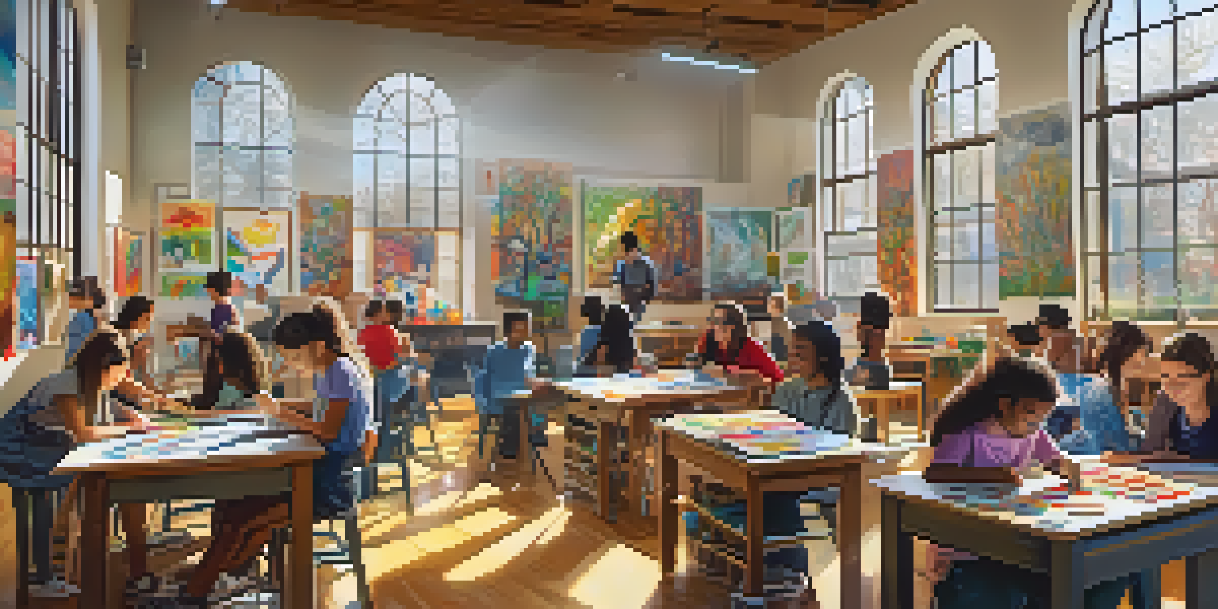 A lively art classroom with students of various ages creating artwork, surrounded by colorful paintings and sculptures, with sunlight coming through the windows.