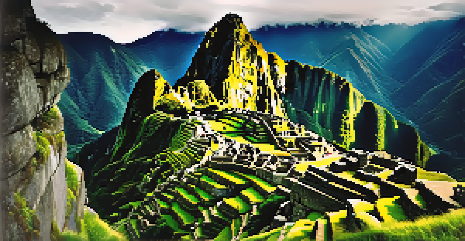 Machu Picchu emerging from the mist, surrounded by mountains, with trekkers admiring the view in the foreground.