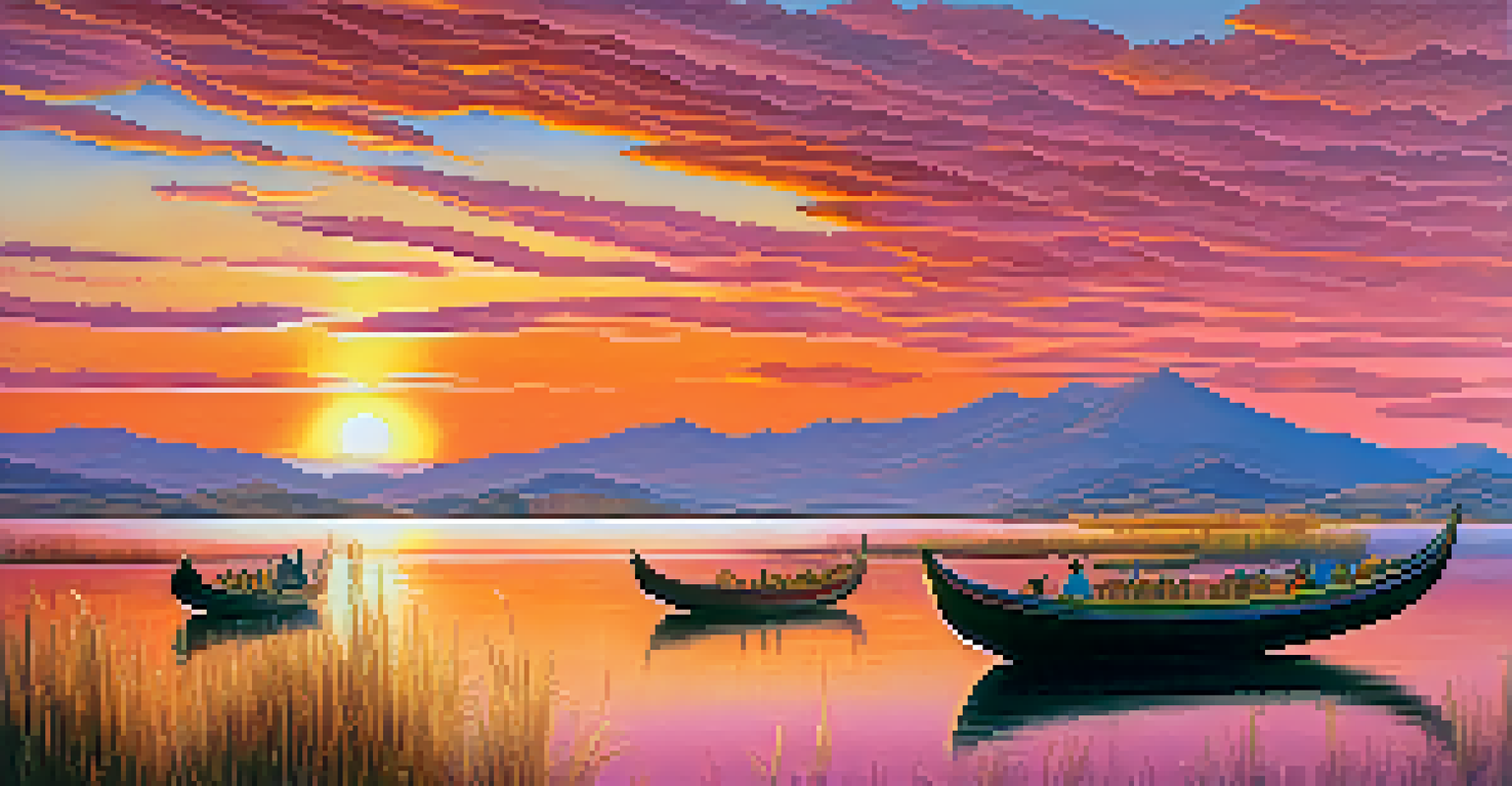 A picturesque sunset over Lake Titicaca, showcasing colorful reflections on the water and traditional reed boats in the foreground.