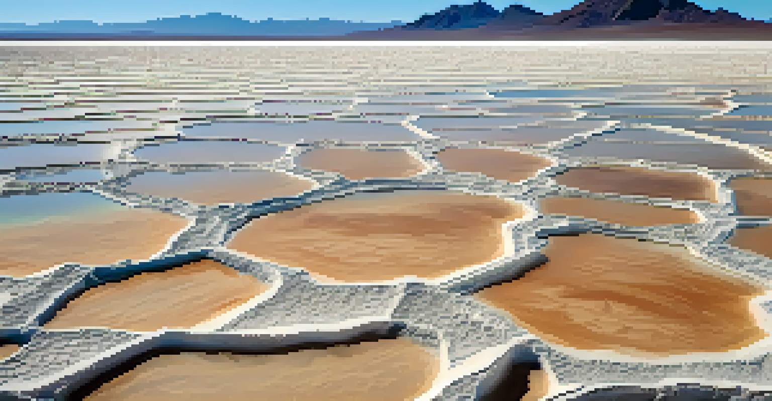 Close-up of the salt crust with patterns and distant mountains in the background.