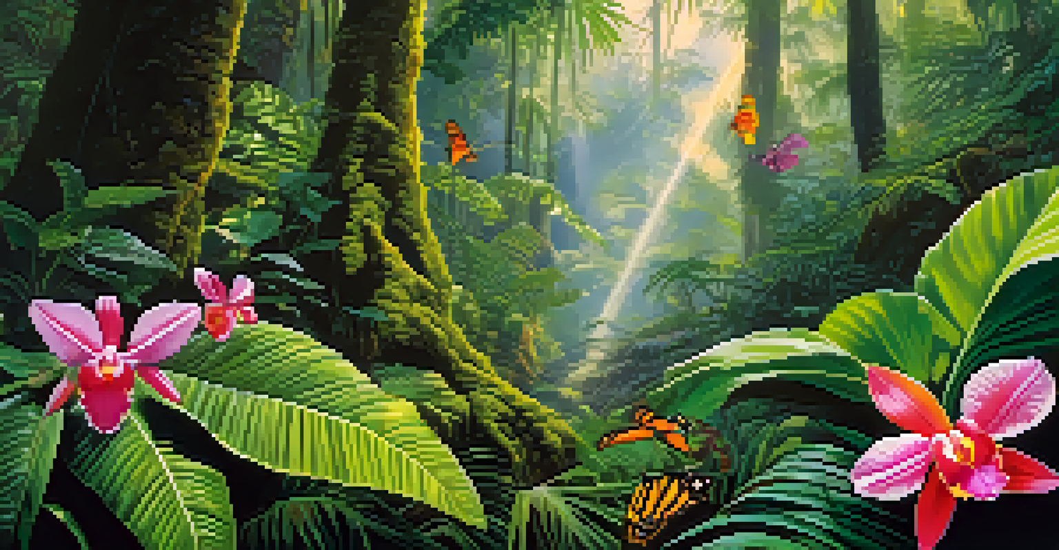 Close-up of the Amazon rainforest with diverse plants, sunlight filtering through the canopy, and butterflies.