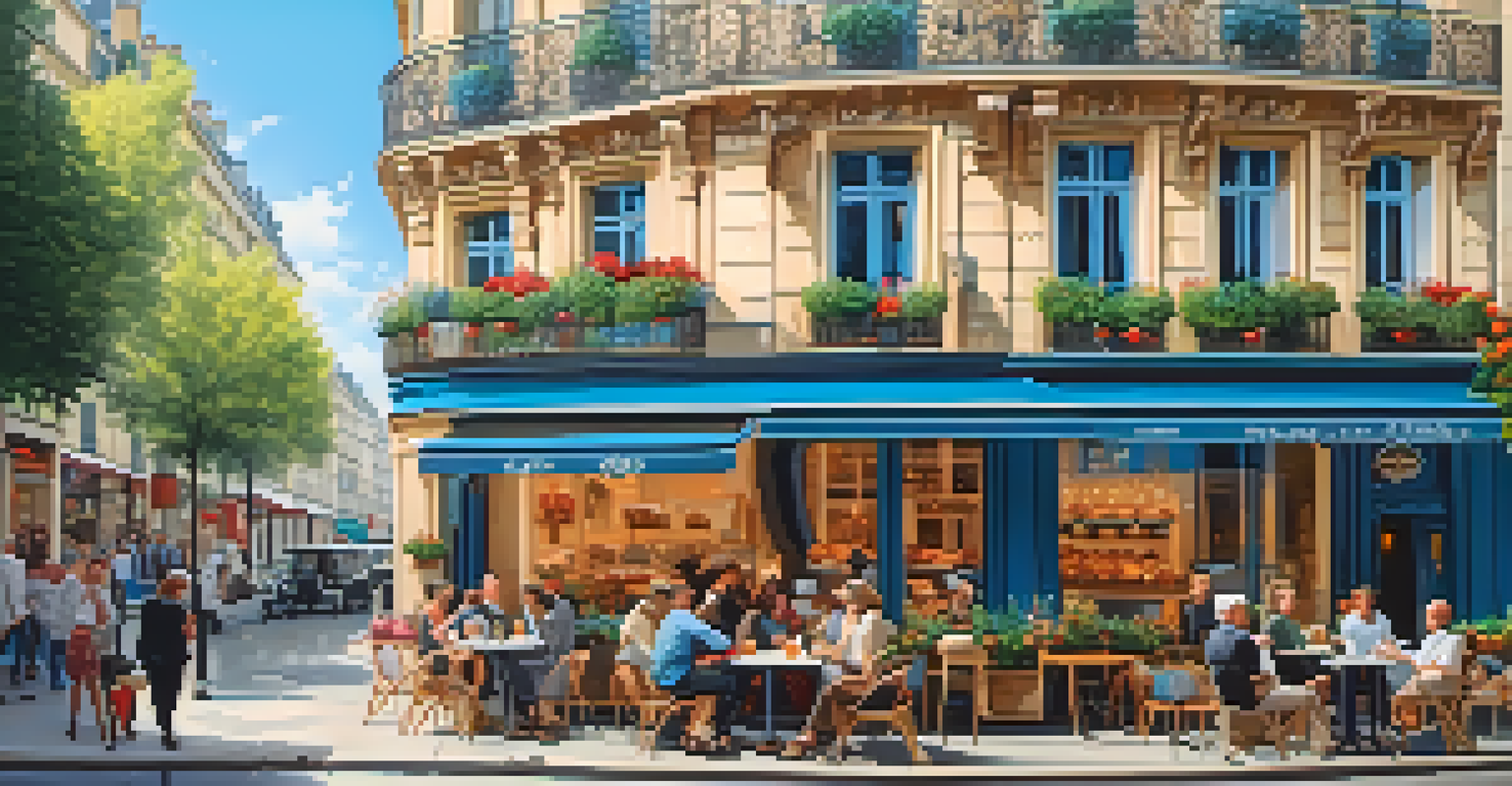 A lively Paris street scene with a café, people chatting, and beautiful flowers.