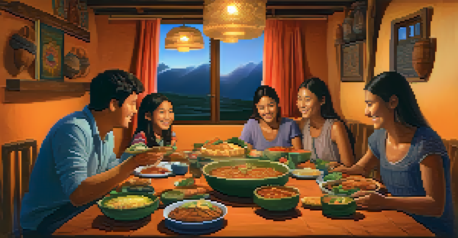 A tourist enjoying a meal with a local family at a wooden dining table, surrounded by traditional Peruvian dishes and warm interactions in a cozy setting.
