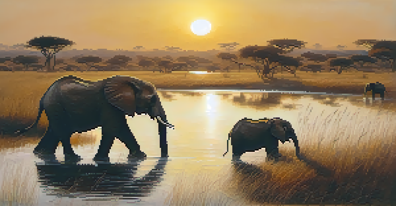 A family of elephants walking near a waterhole at sunset, with warm light reflecting off their skin and silhouettes of grass in the foreground.