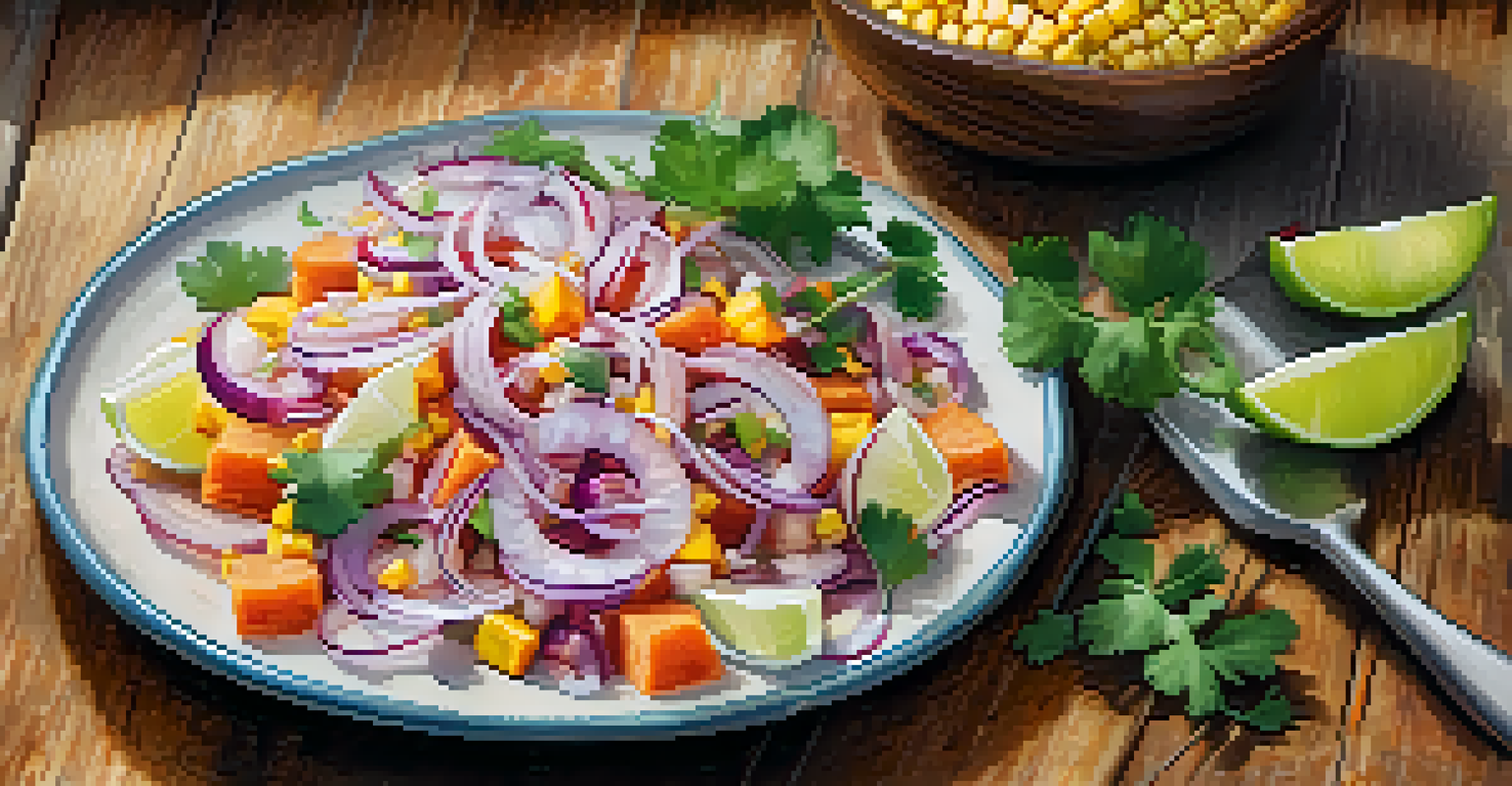 A colorful plate of ceviche with lime, red onions, and sweet potato, presented on a wooden table.