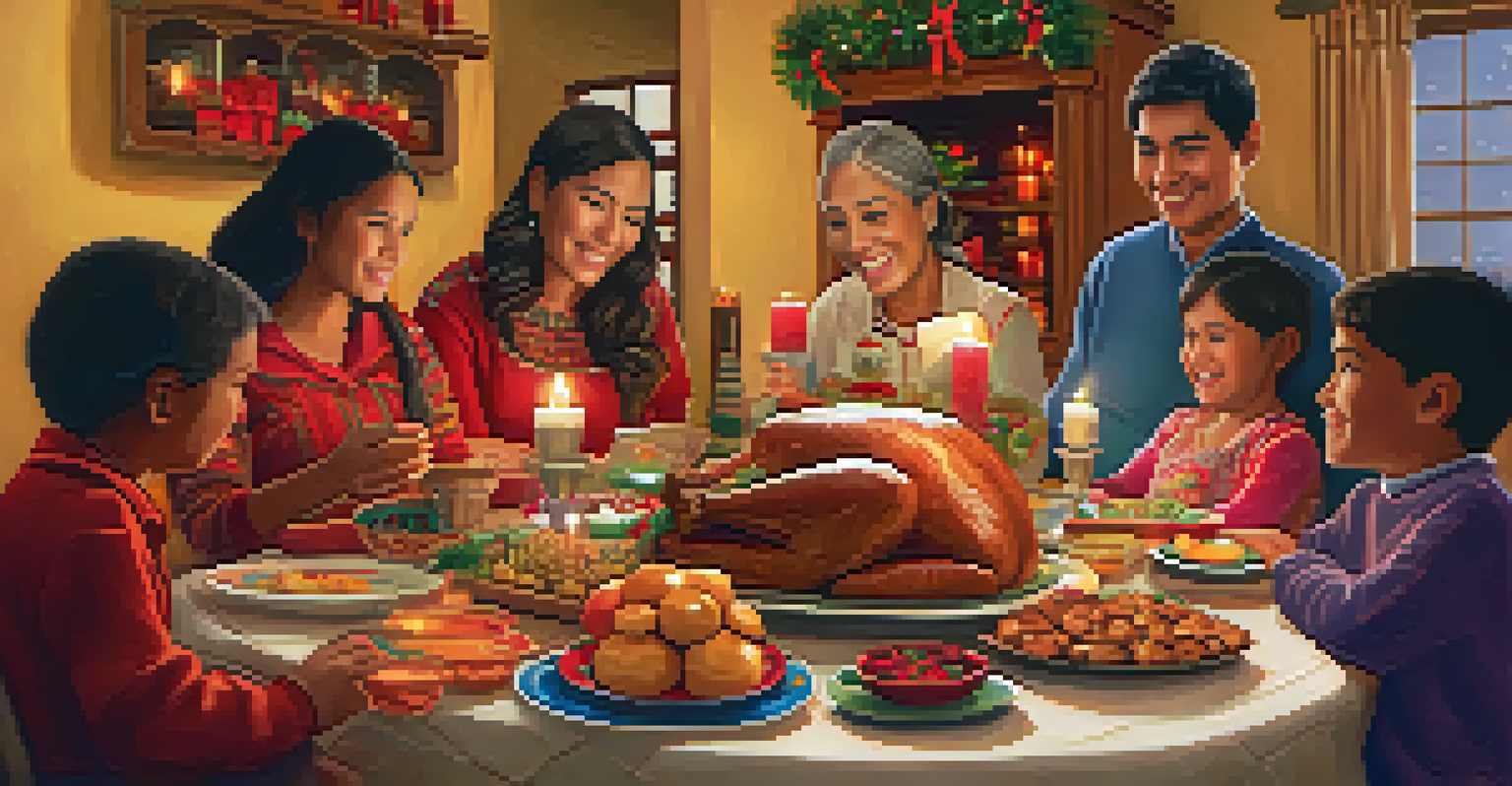A Peruvian family celebrating Christmas with traditional dishes around a decorated table in a cozy atmosphere.