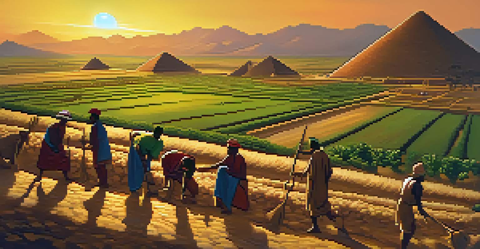 Farmers working in the fields of Caral, planting crops with pyramids in the background during sunset.