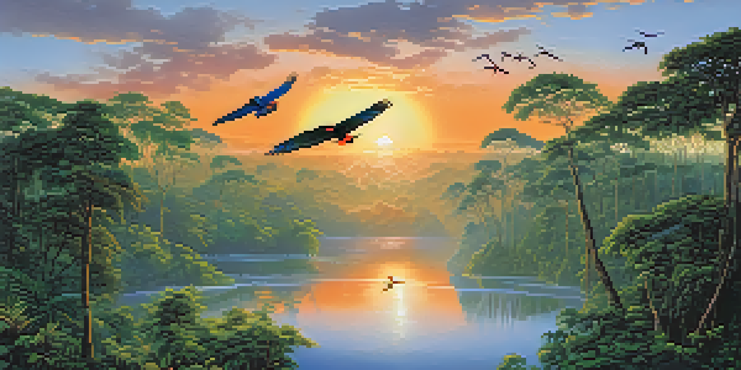 A panoramic view of the Amazon rainforest at sunrise, filled with vibrant colors and lush greenery.