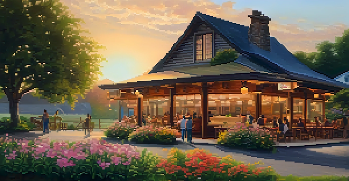A picturesque family-run restaurant in a green countryside with vibrant flowers and a warm sunset.
