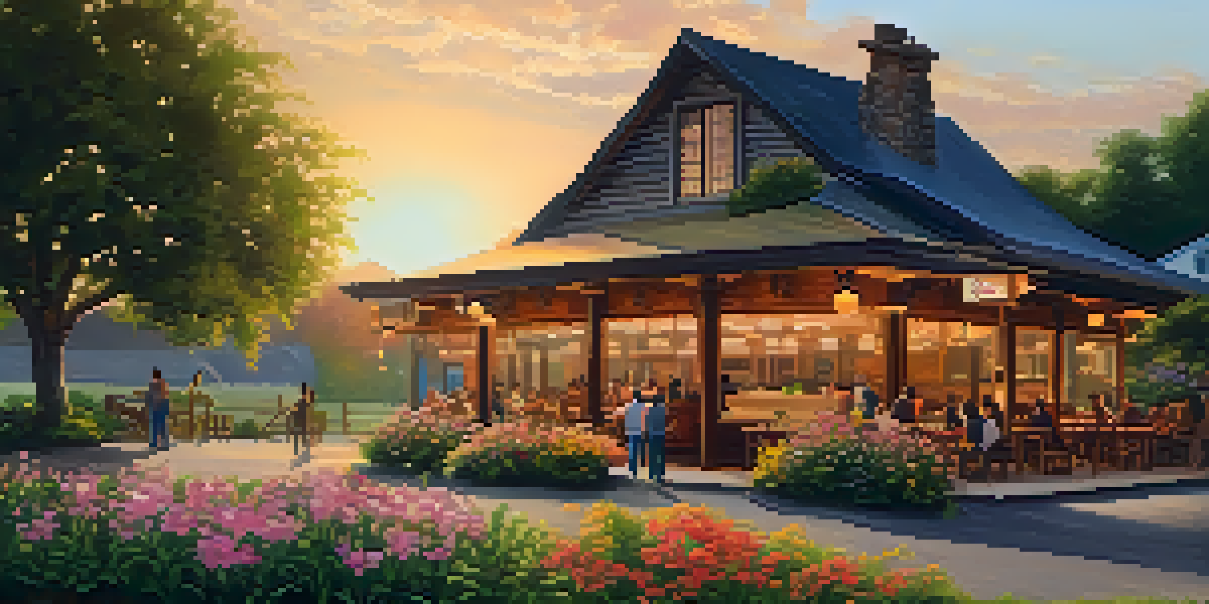 A picturesque family-run restaurant in a green countryside with vibrant flowers and a warm sunset.