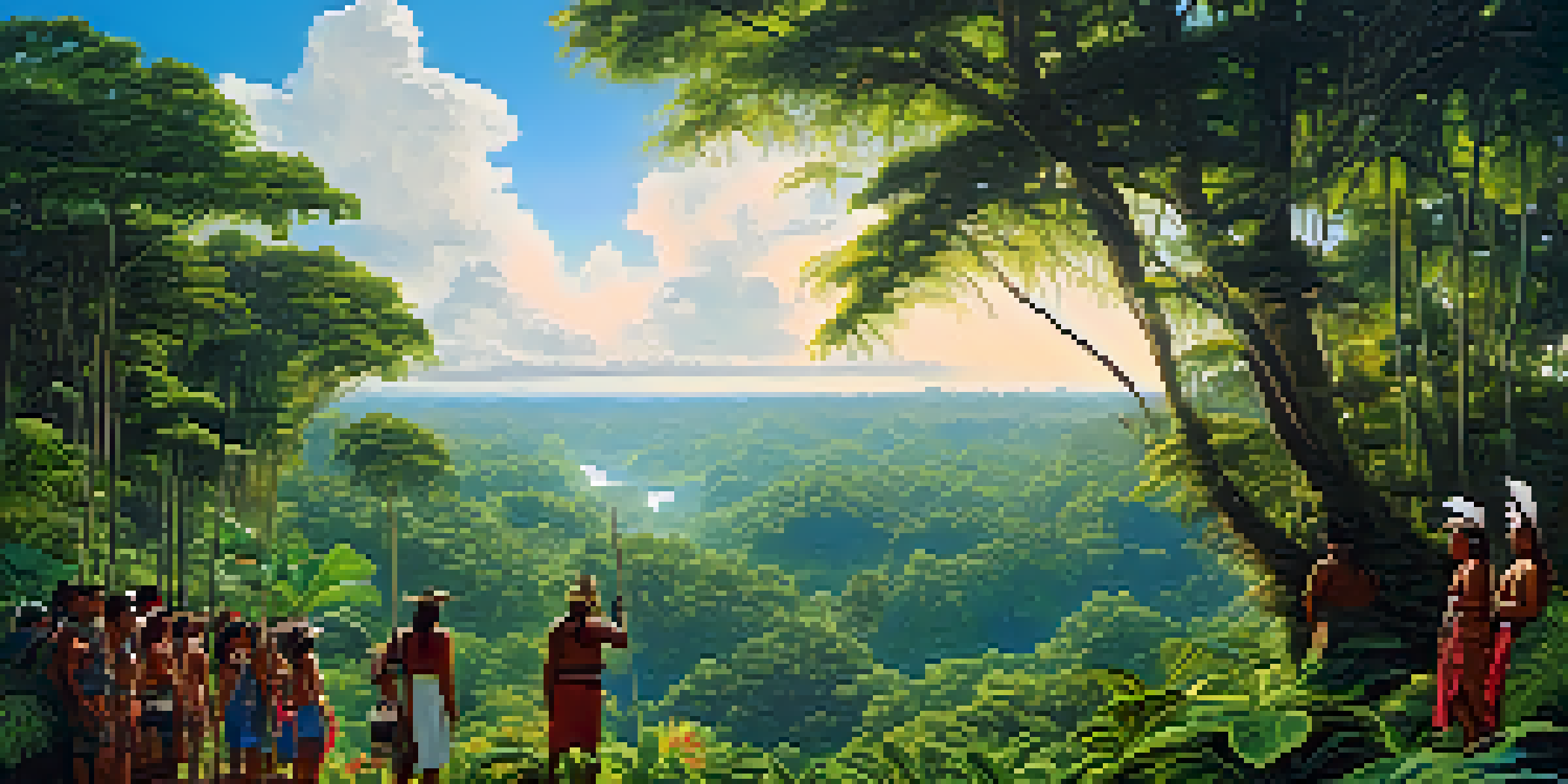 Indigenous people in traditional attire performing a cultural ritual in the lush Amazon rainforest of Peru.