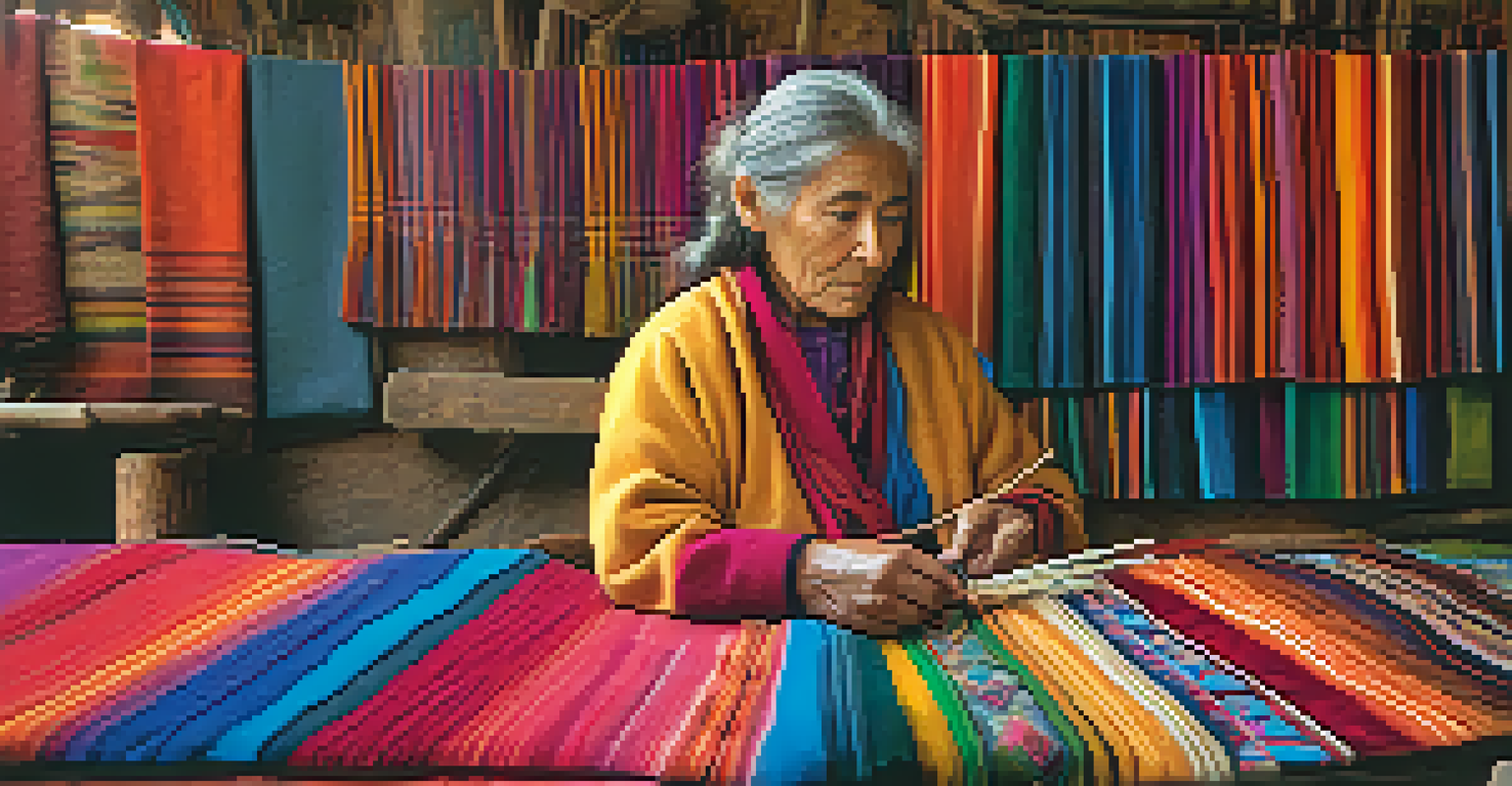 An artisan weaving textiles in a traditional workshop, surrounded by colorful fabrics.