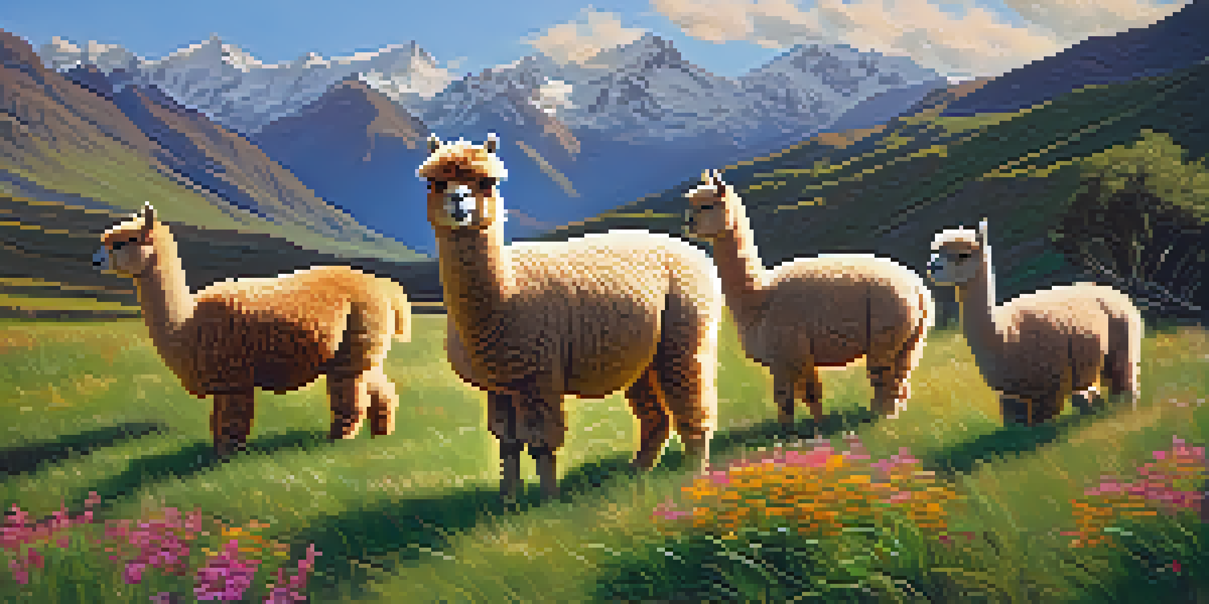 A group of alpacas grazing in a lush green meadow with the Andes mountains in the background, bathed in warm sunlight.