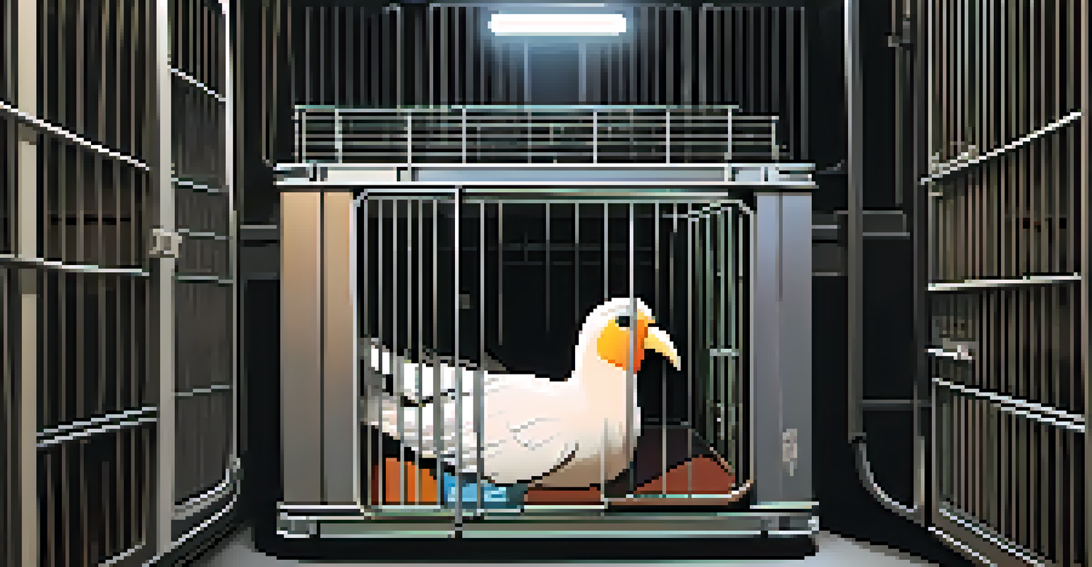An exotic bird in a cozy pet crate inside a cargo hold, with warm lighting and a soft blanket.