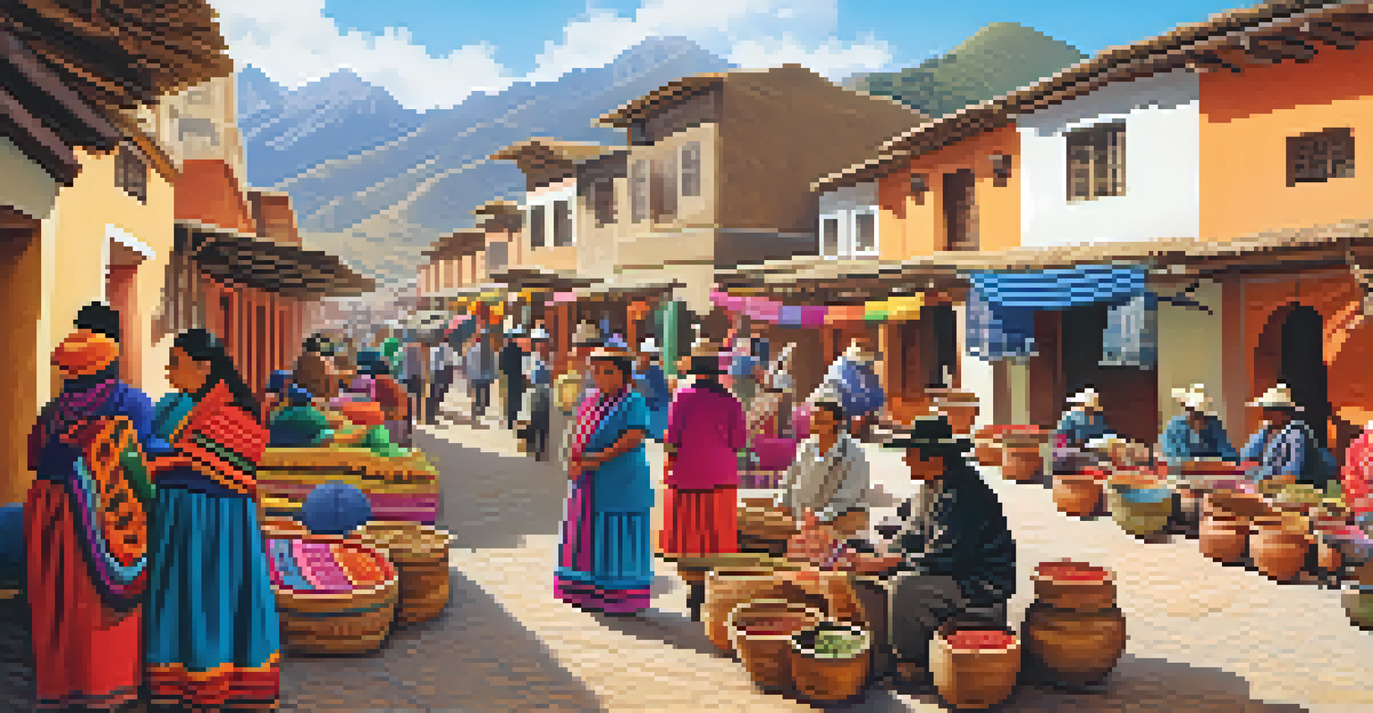 Indigenous artisans selling handmade crafts in a lively Peruvian marketplace.