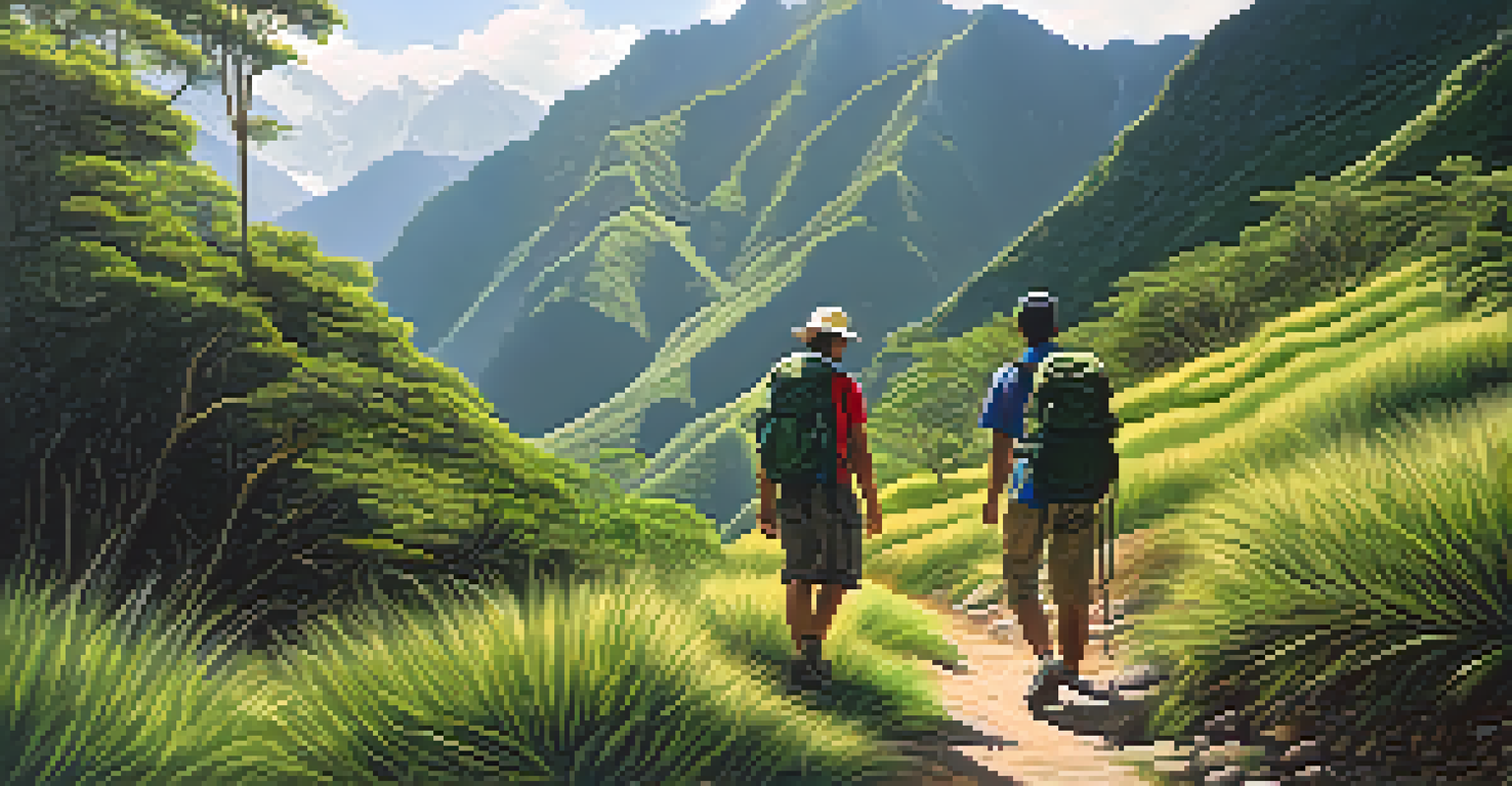 Two hikers walking together on a lush green trail in the Peruvian mountains, with sunlight filtering through the trees.