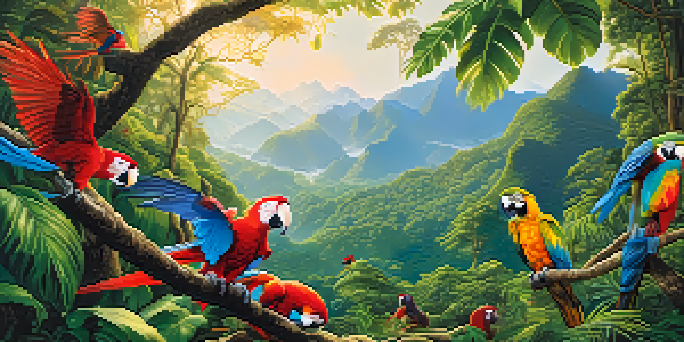 A colorful view of Manu National Park with exotic birds among lush greenery and the Andean mountains in the background, including a Scarlet Macaw flying overhead.