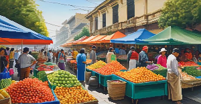 A lively street market in Lima with colorful stalls of fruits and textiles, bathed in warm afternoon sunlight.