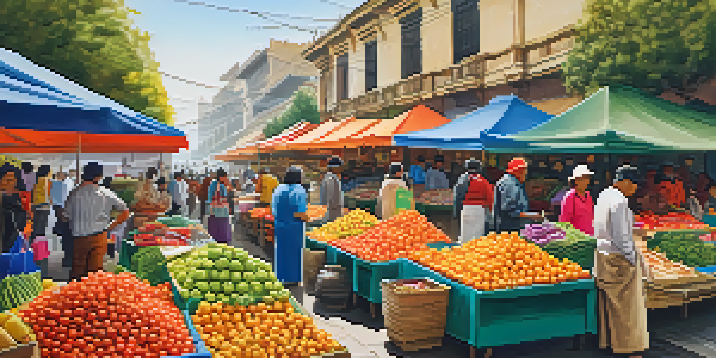 A lively street market in Lima with colorful stalls of fruits and textiles, bathed in warm afternoon sunlight.
