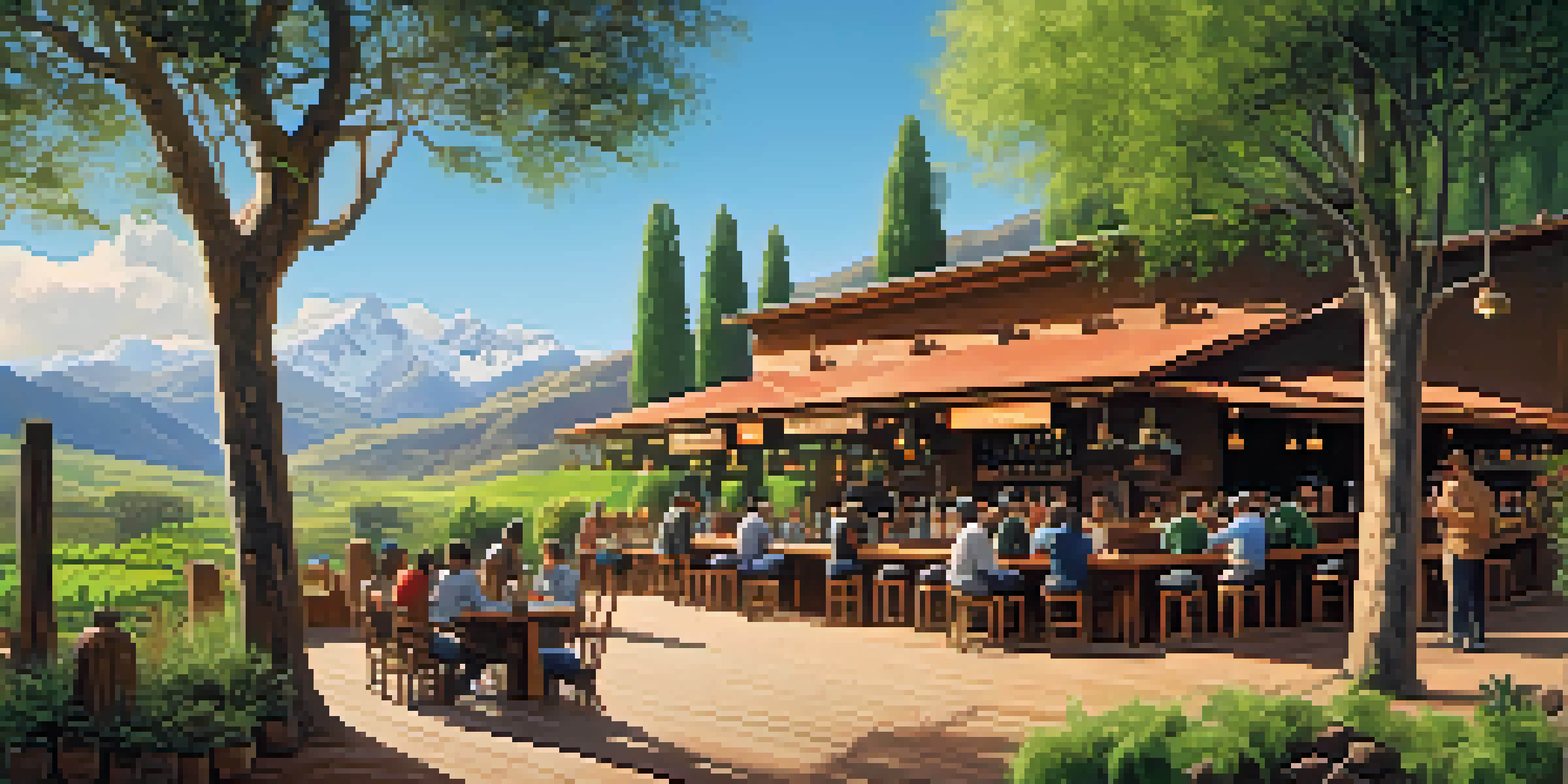 Outdoor scene at Cervecería del Valle Sagrado with people enjoying craft beer amidst lush landscapes.