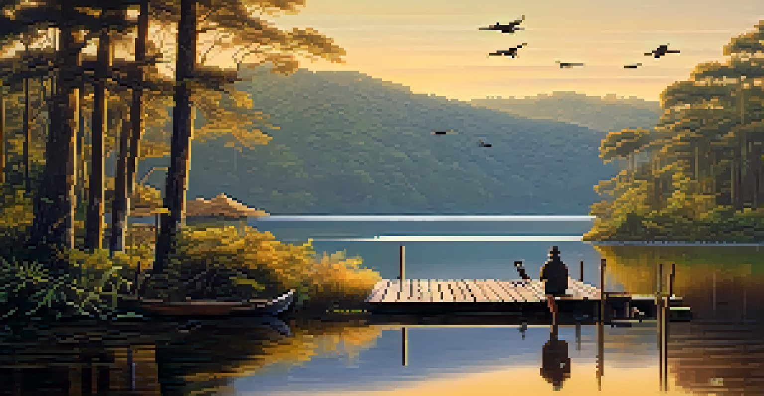 A peaceful lake in a natural reserve in Peru, with reflections of trees and birds flying, as ecotourists enjoy the view from a dock at sunset.