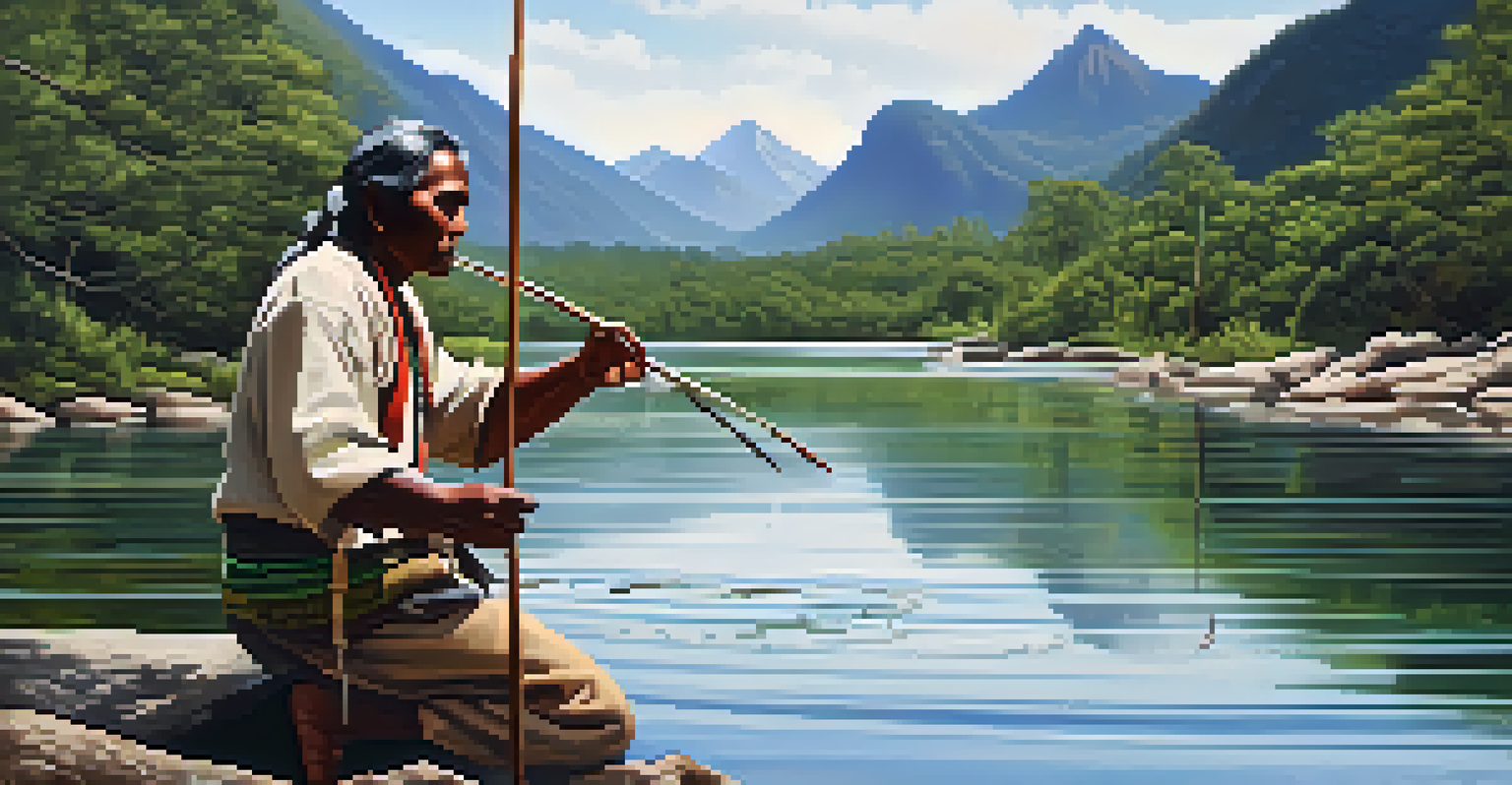 An Indigenous community member demonstrates traditional fishing techniques on a clear river, showcasing cultural heritage.
