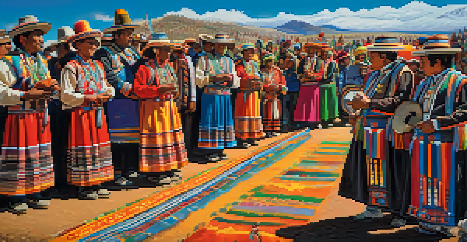 A lively cultural festival with Aymara speakers in traditional attire near Lake Titicaca, showcasing dancing, decorations, and musical instruments.