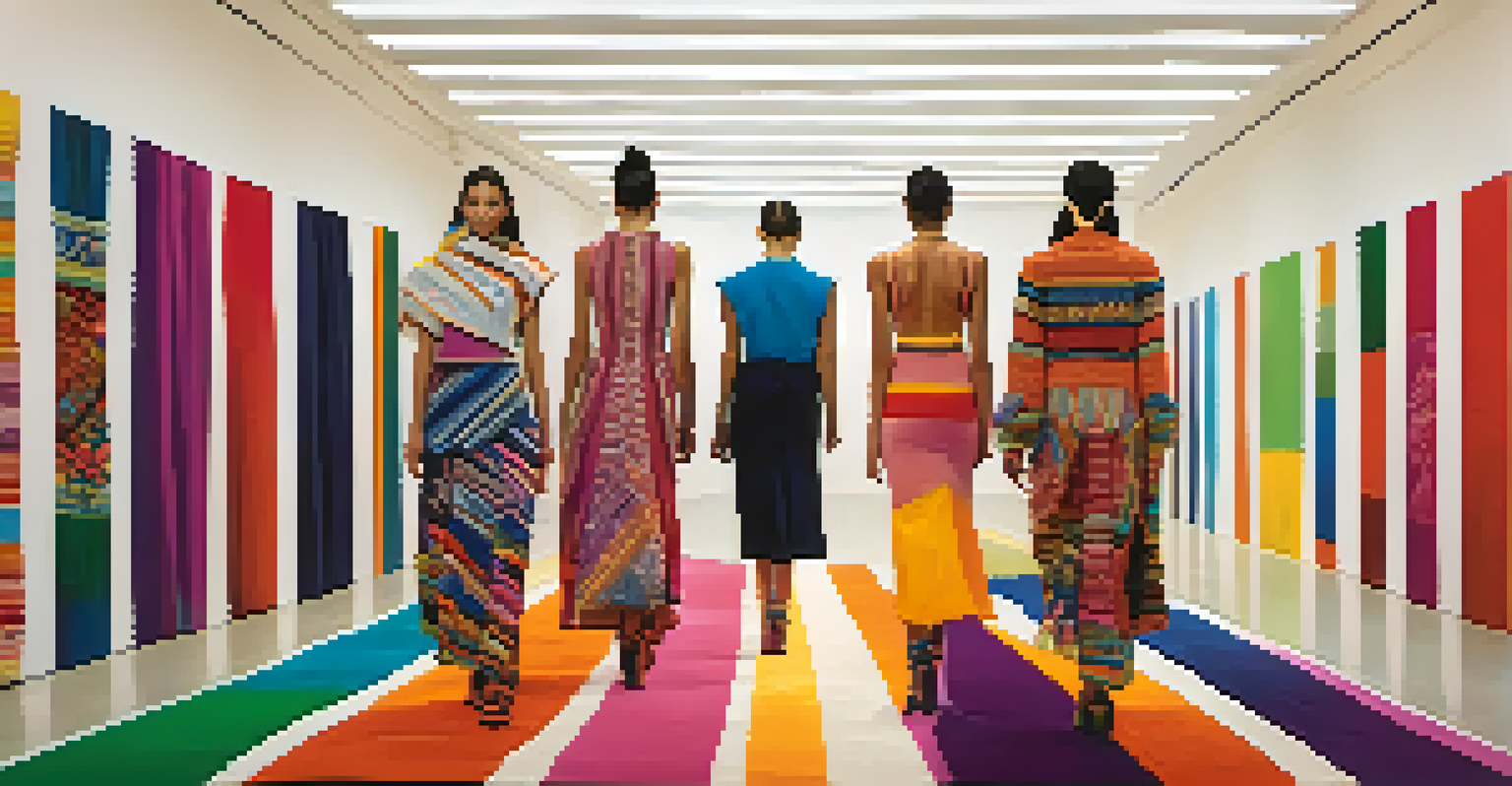 Models on a fashion runway showcasing modern clothing made from traditional Peruvian textiles, with vibrant colors and intricate patterns.