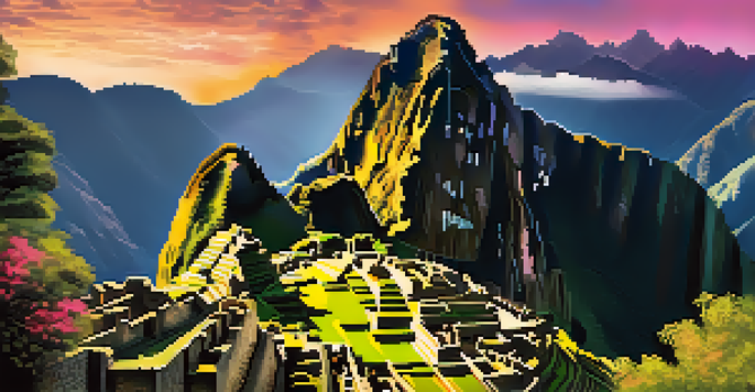 A scenic sunrise view of Machu Picchu with mist, surrounded by mountains and lush vegetation.