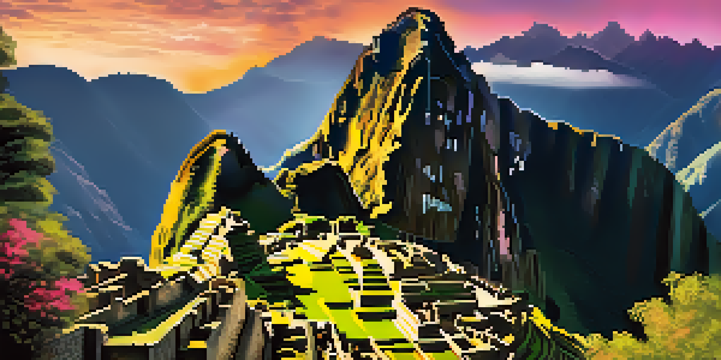 A scenic sunrise view of Machu Picchu with mist, surrounded by mountains and lush vegetation.