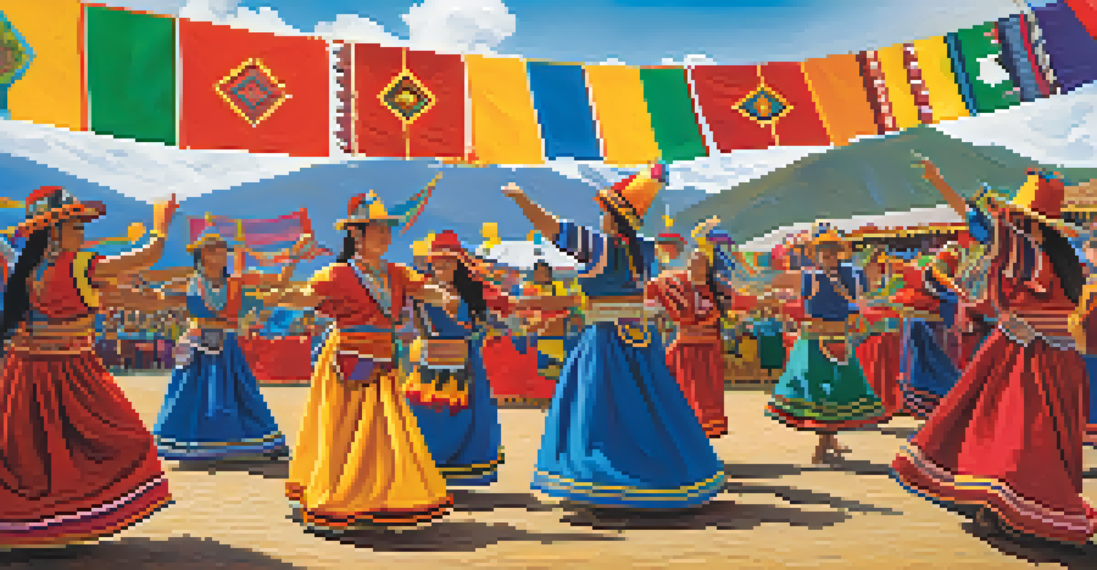 A lively community celebration for Pachamama Raymi with dancers in traditional attire, colorful decorations, and a backdrop of the Andes mountains under a clear blue sky.