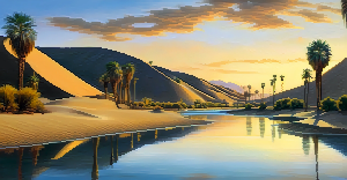 A sunset view of Huacachina Oasis with golden sand dunes, lush palm trees, and a tranquil lagoon reflecting the vibrant sky colors.
