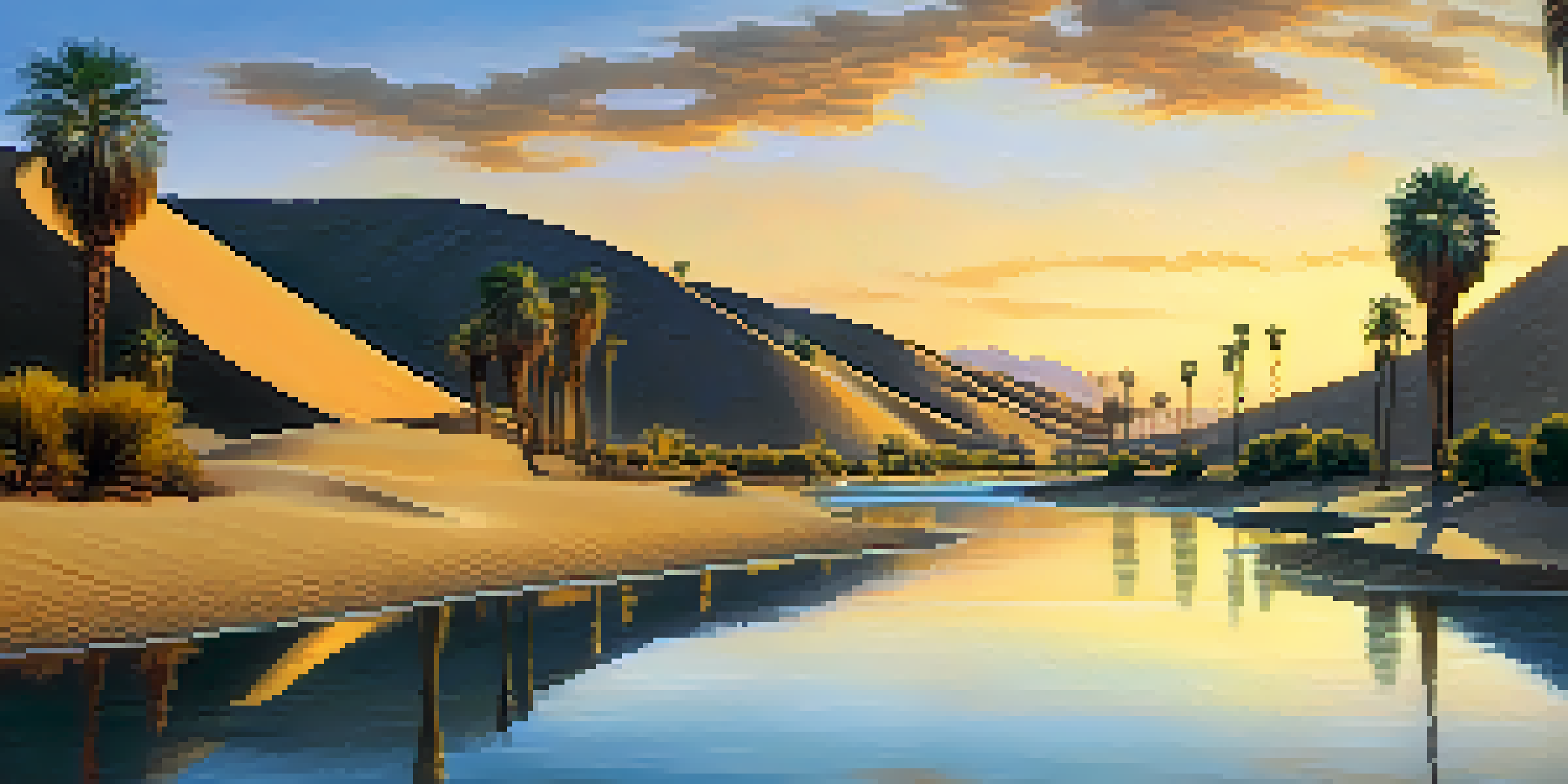 A sunset view of Huacachina Oasis with golden sand dunes, lush palm trees, and a tranquil lagoon reflecting the vibrant sky colors.
