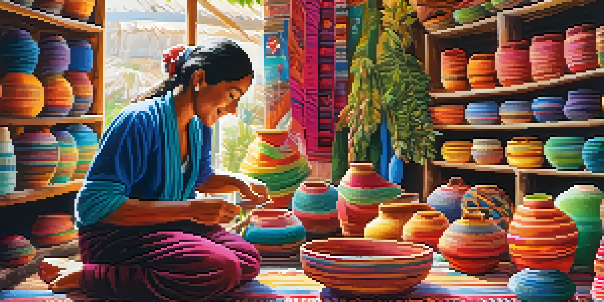 A busy market in Peru with a local artisan weaving textiles, surrounded by colorful handmade crafts and greenery.