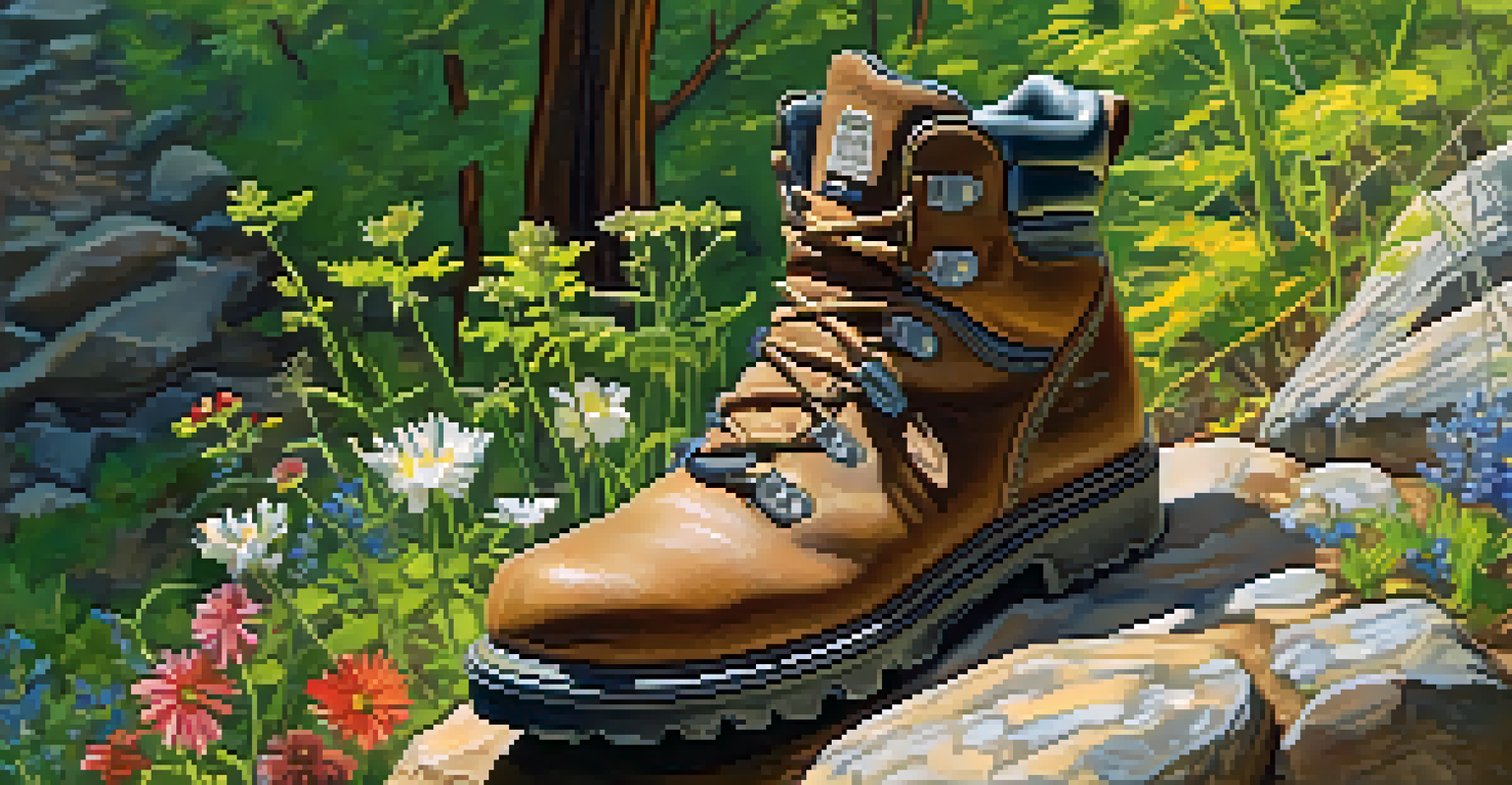 A close-up of a rugged hiking boot on a rocky trail, surrounded by greenery and wildflowers, with sunlight filtering through the trees.
