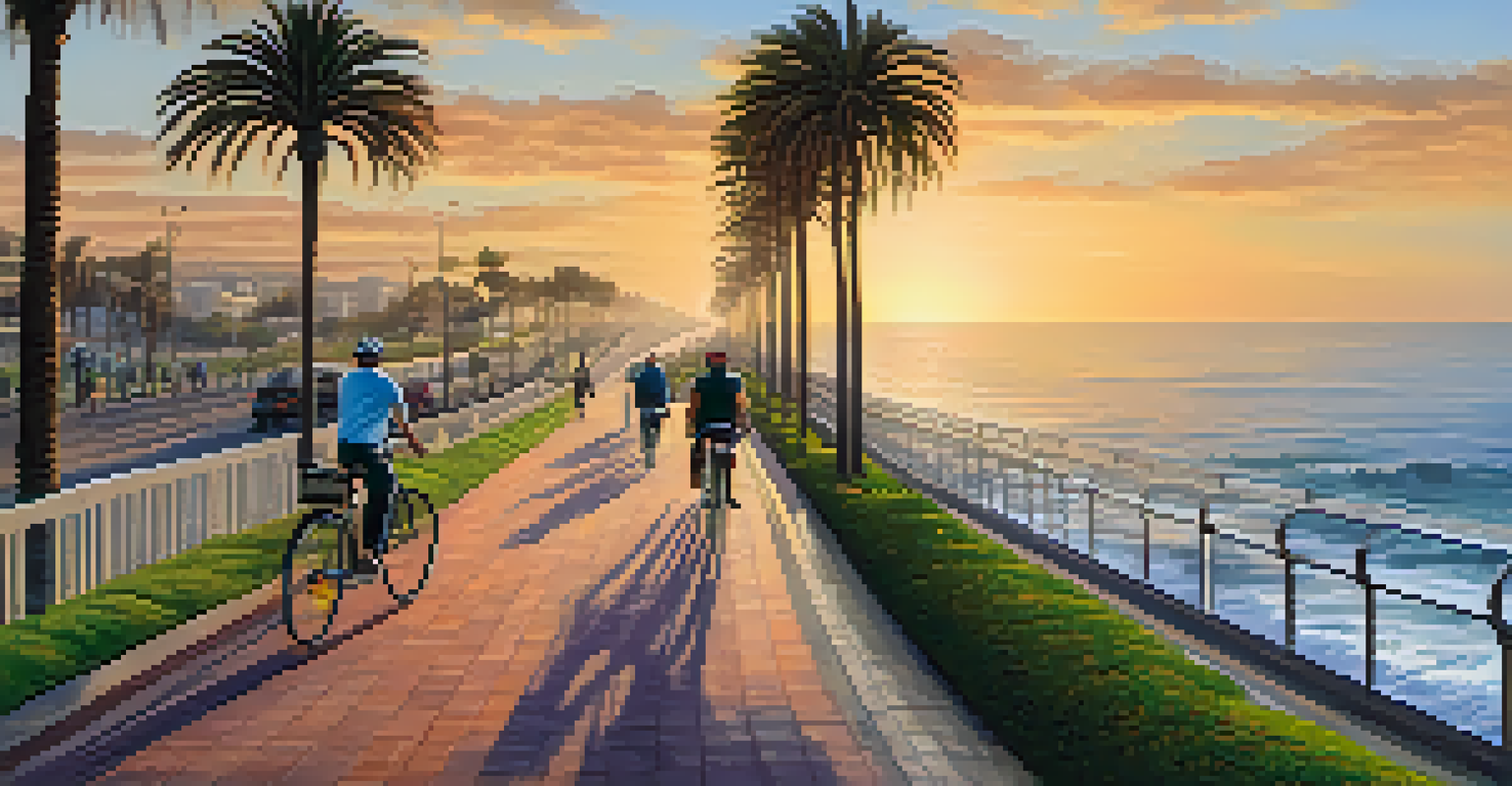 The Malecón coastal promenade in Miraflores, Lima, lined with greenery and people enjoying sunset views over the Pacific Ocean.
