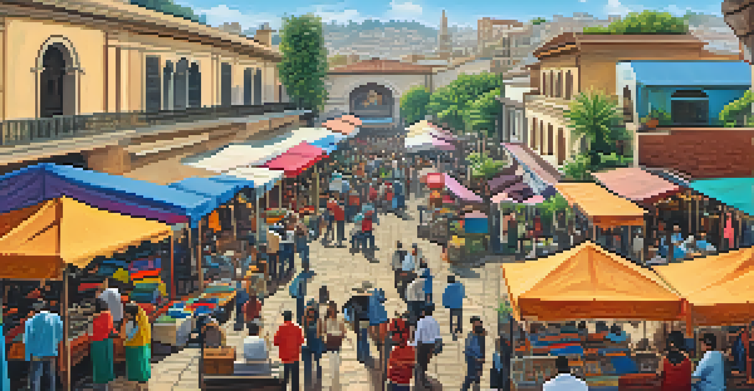 A lively artisan market with colorful stalls, artists at work, and historic buildings in the background.