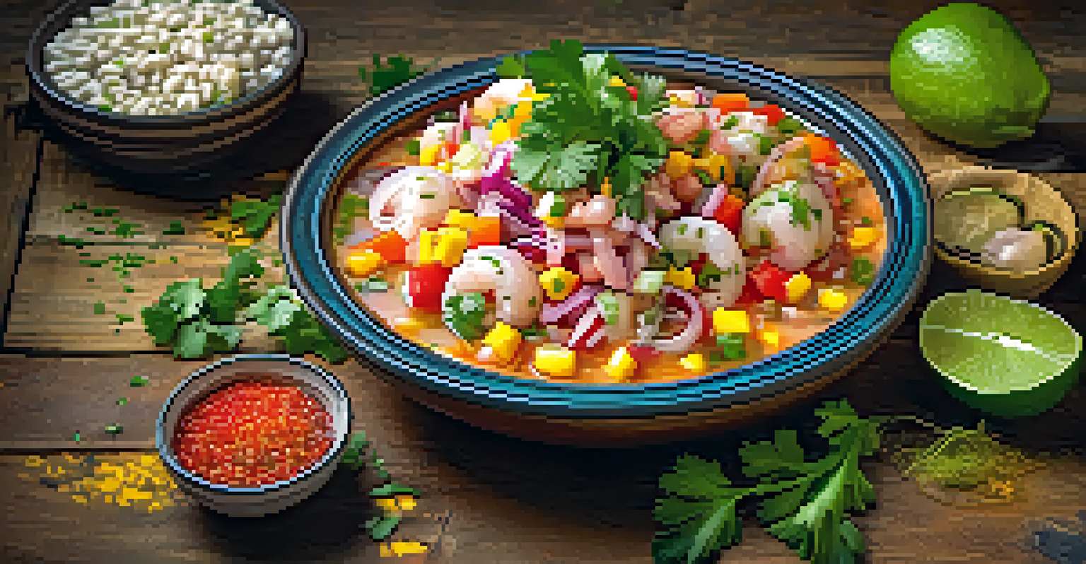A plate of ceviche garnished with cilantro and lime, surrounded by fresh Peruvian ingredients on a rustic wooden table.