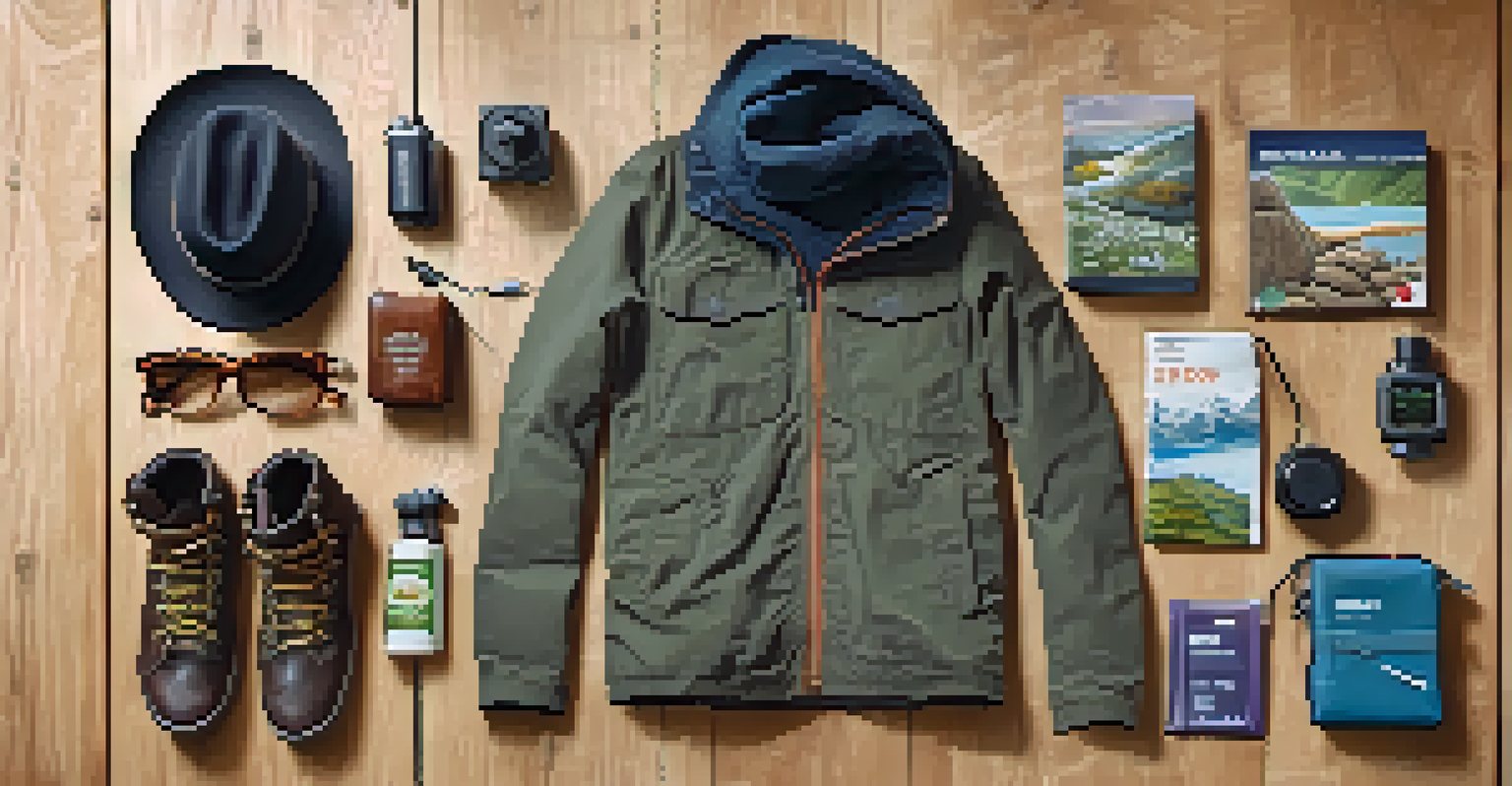 Essentials for traveling to Peru, including hiking boots, a jacket, and a map.