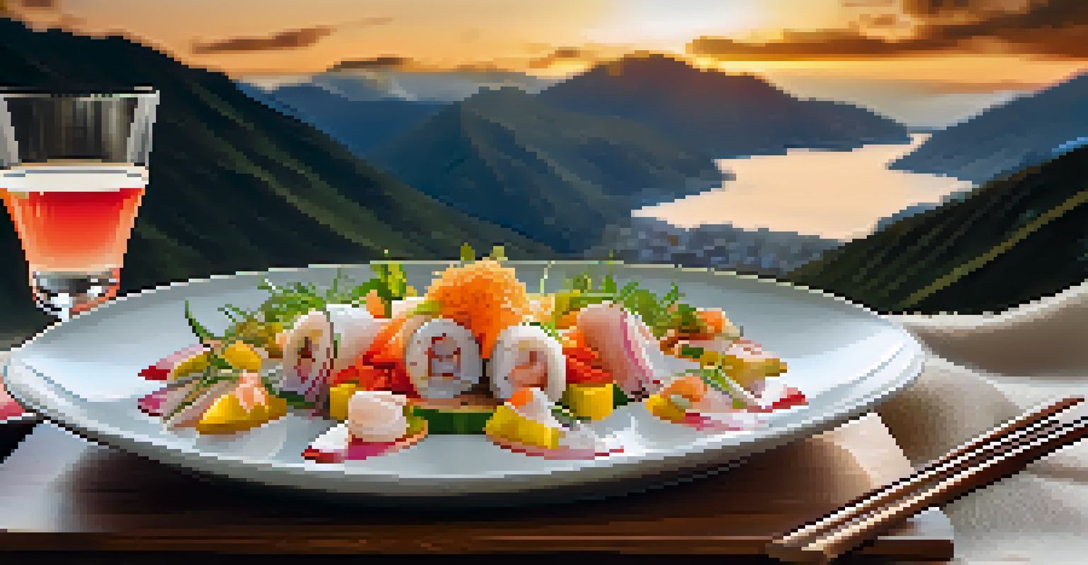 A beautifully plated ceviche dish on a dining table set outdoors with mountains and a sunset in the background.