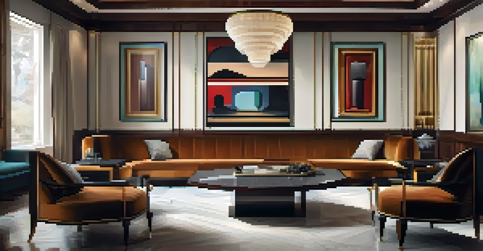 The interior of an Art Deco space in Peru, showcasing elegant furnishings and rich textures under warm ambient lighting.