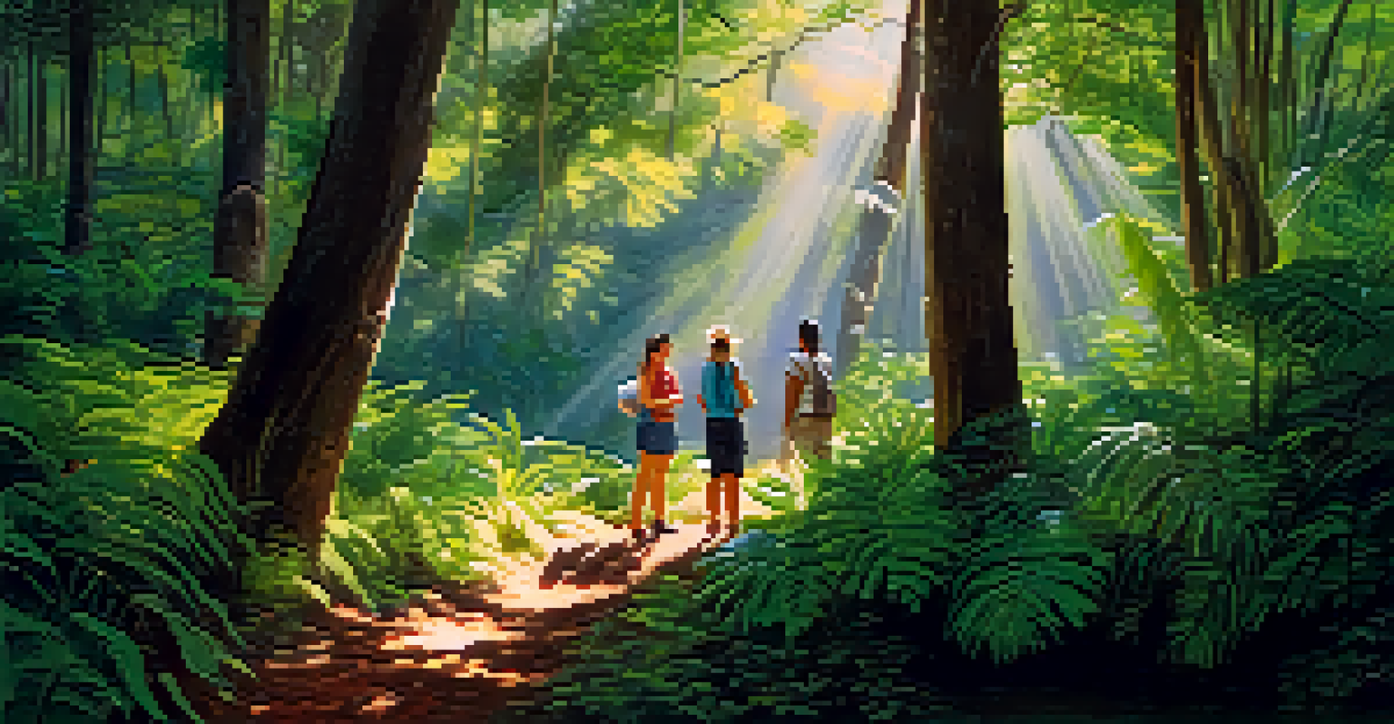 A local guide leading tourists through a lush green forest, highlighting unique plants in a serene eco-tourism setting.