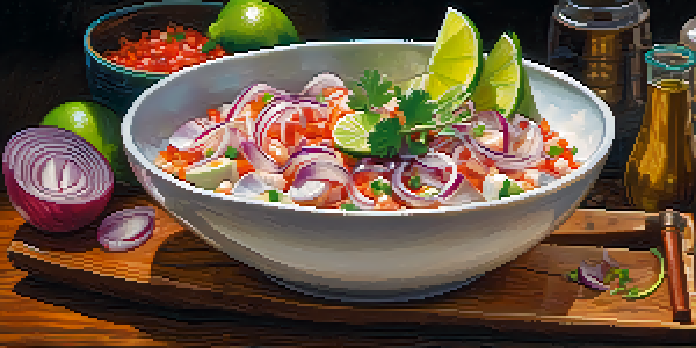 A colorful plate of ceviche with fresh fish, lime, cilantro, and red onion, presented on a wooden table with sunlight casting a warm glow.