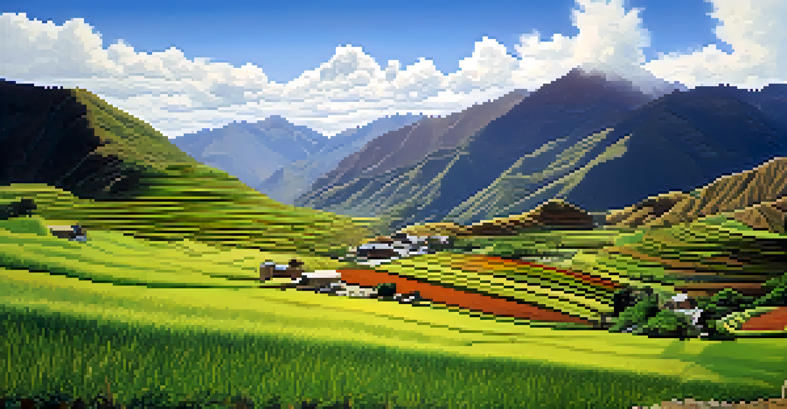 A beautiful highland landscape in Peru, featuring a small brewery and people harvesting crops, with majestic mountains in the background.
