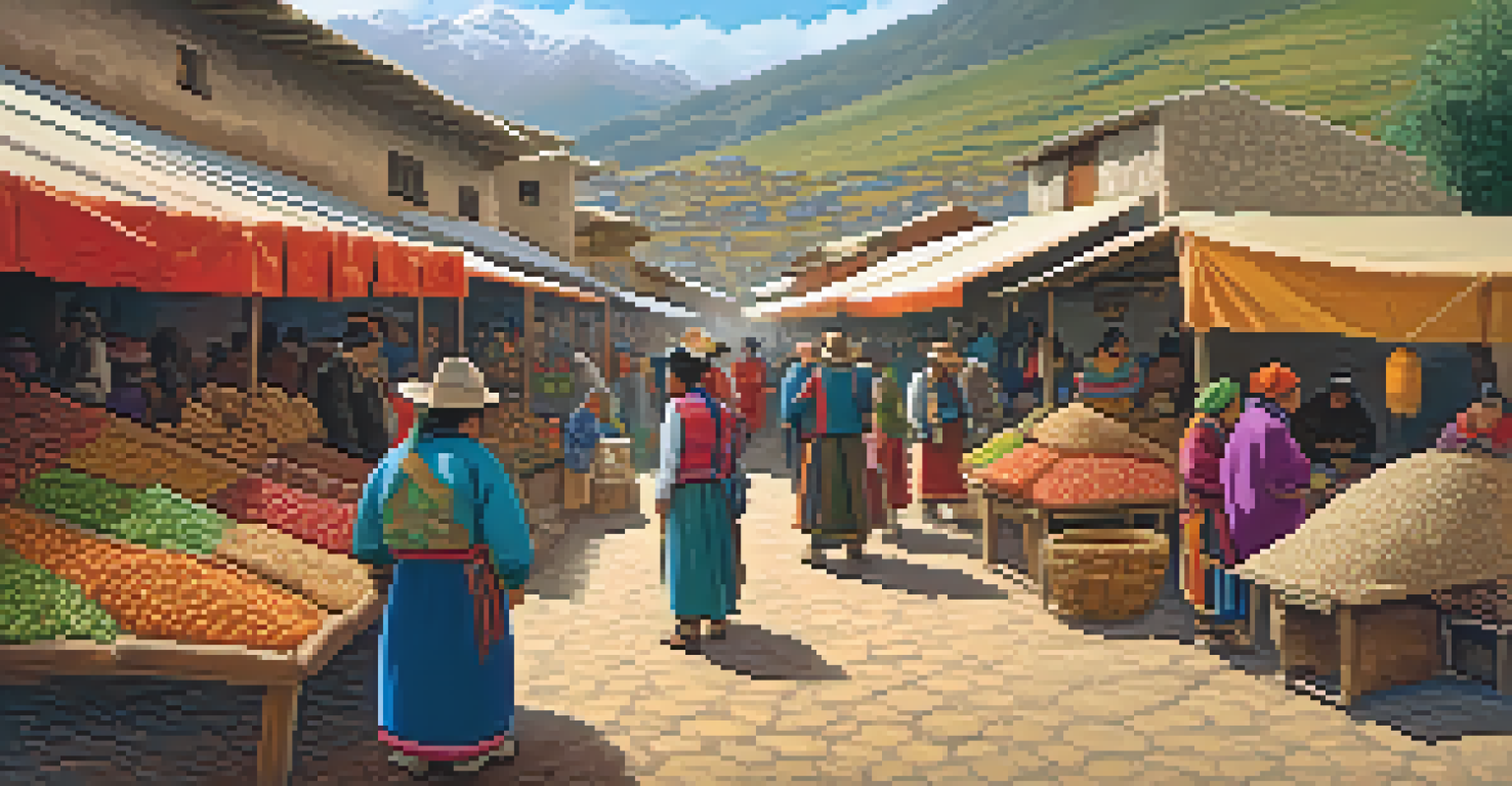 A lively marketplace along the Inca Royal Road, showcasing traders and colorful goods, surrounded by people in traditional clothing.