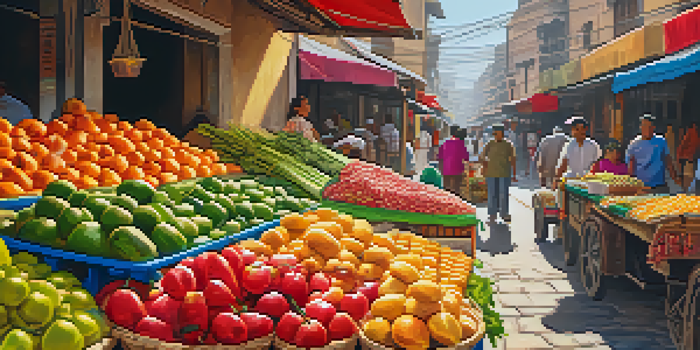 A lively street market in Peru, featuring colorful food stalls and a smiling vendor serving skewered anticuchos, with shoppers and textiles in the background.