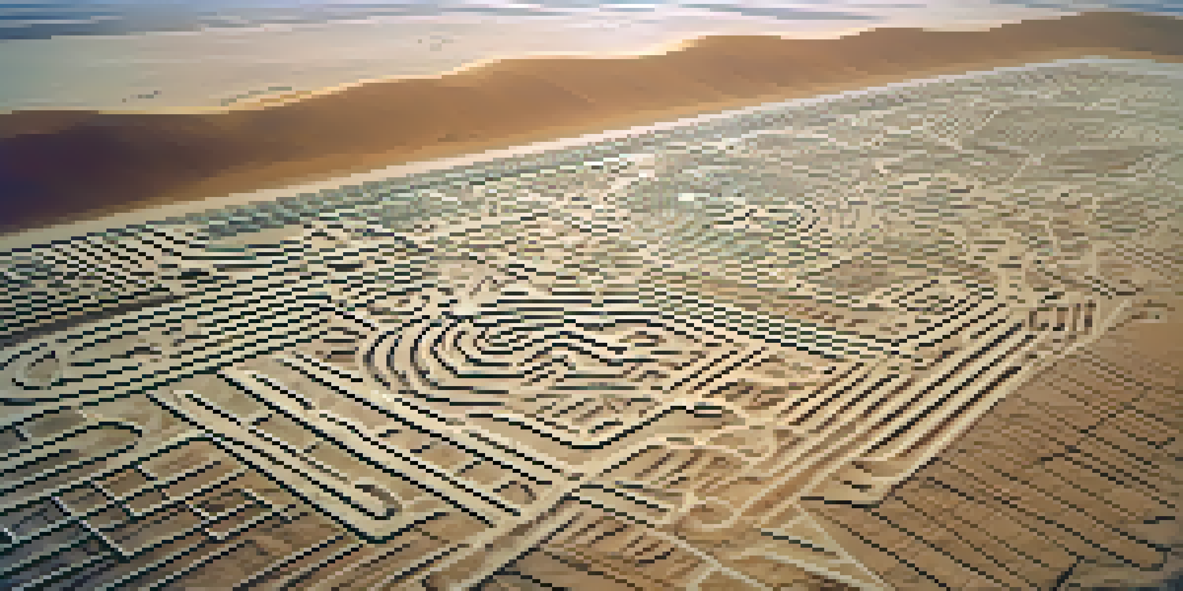 Aerial view of the Nazca Lines, showing various intricate geoglyphs etched into the desert landscape.
