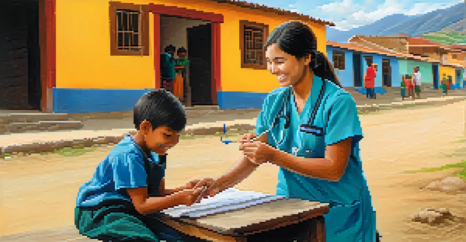 A healthcare volunteer checking a child's health in a rural Peruvian village, with a warm and caring atmosphere in the background.