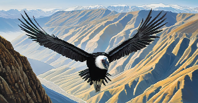 An Andean Condor flying over the Colca Canyon, showcasing its large wingspan against a backdrop of steep cliffs and a clear sky.